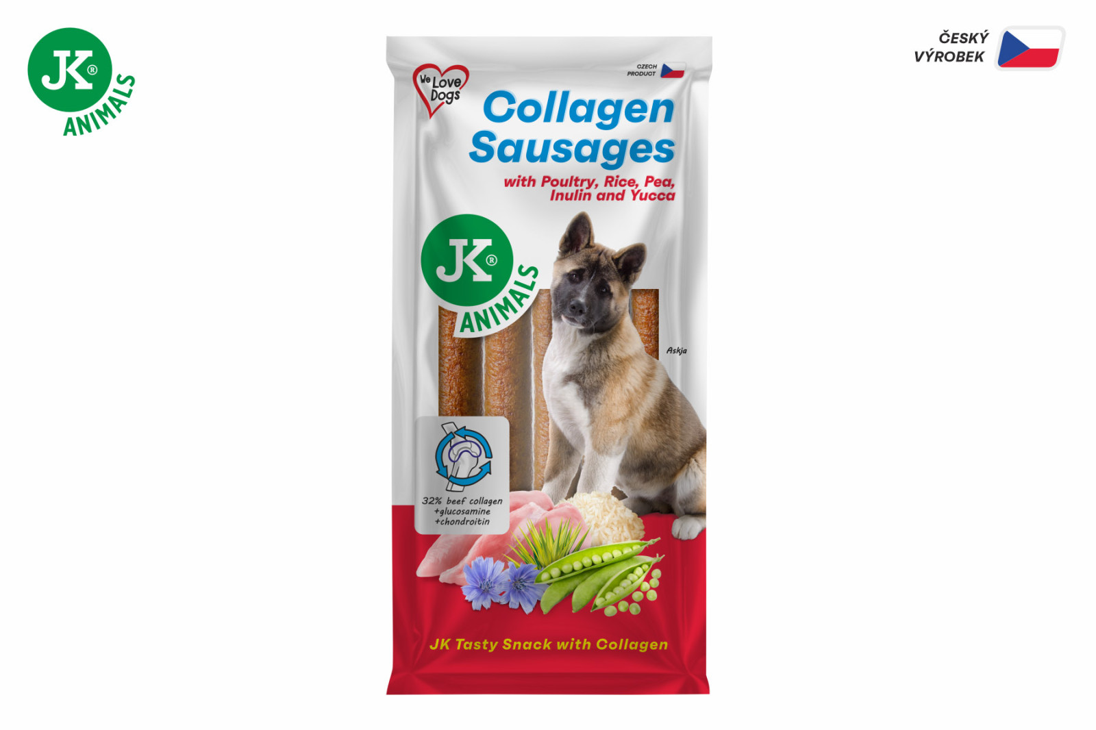 Klobásy s drůbežím, kolagenem, rýží, hrachem, inulinem a yuccou