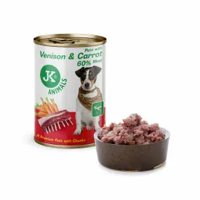 JK Premium Venison & Carrot, Paté with Chunks, 60 % Meat, zvěřina s mrkví, prémiová konzerva pro psy, 400 g