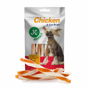 Sušené kuřecí proužky s treskou, 80 g, masový pamlsek pro psy (Chicken & Cod Strips Meat Snack)