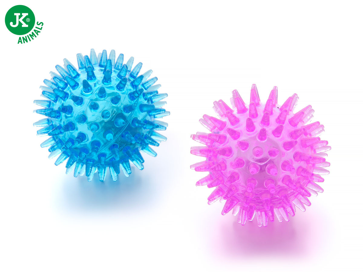Dva blikající LED TPR míčky s bodlinami, modrý a růžový, odolná (gumová) hračka z termoplastické pryže pro psy i kočky