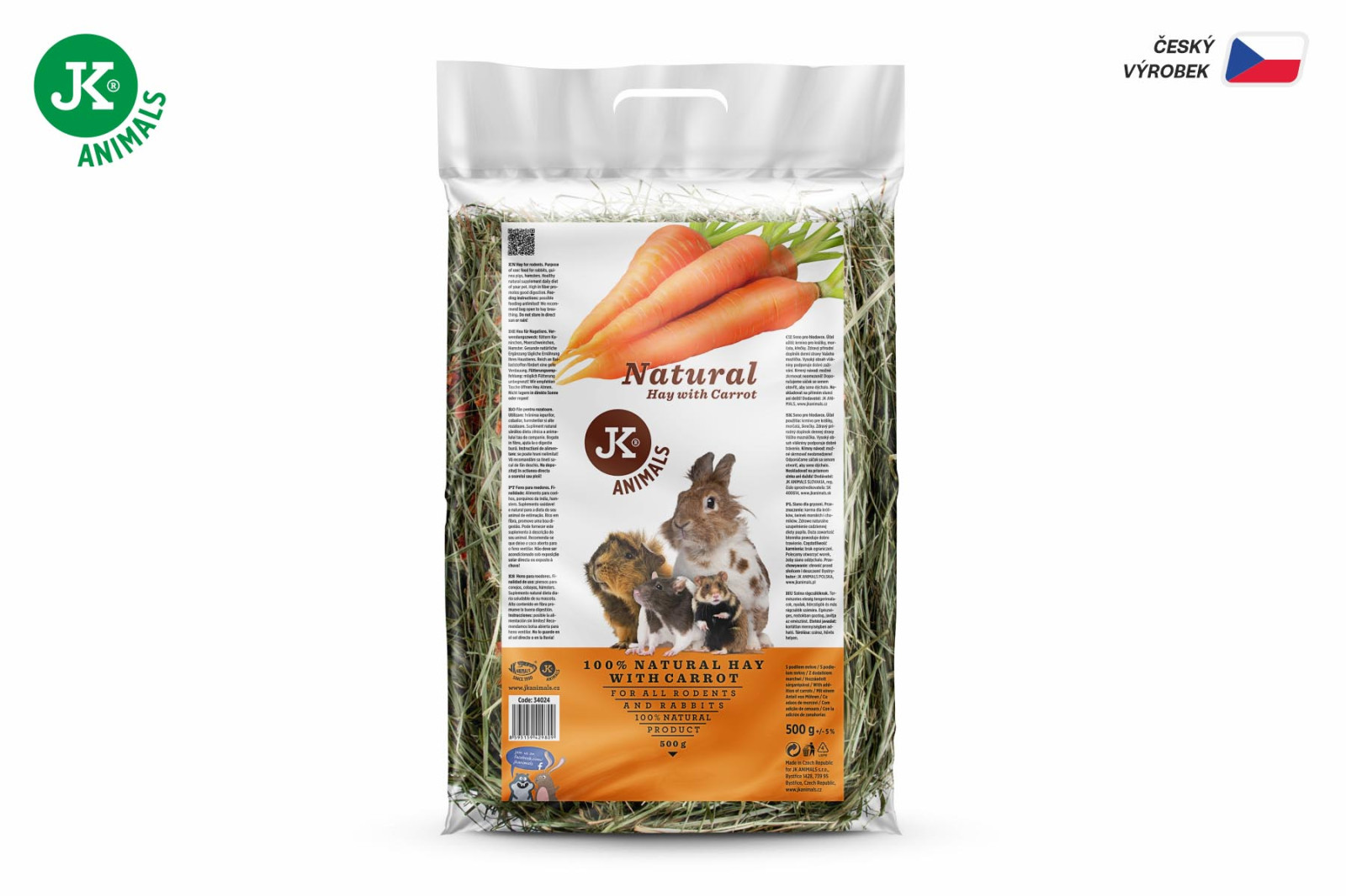 Přírodní seno s mrkví, 0,5 kg, krmivo pro hlodavce a králíky (JK Natural)