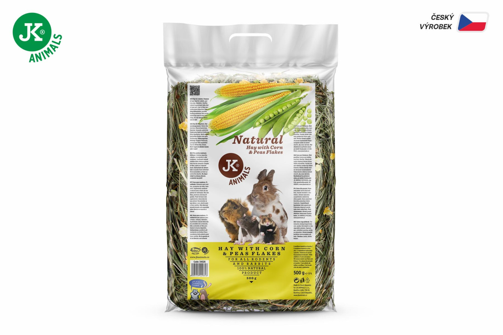 Přírodní seno s kukuřičnými a hrachovými lupínky, 0,5 kg, krmivo pro hlodavce a králíky (JK Natural)